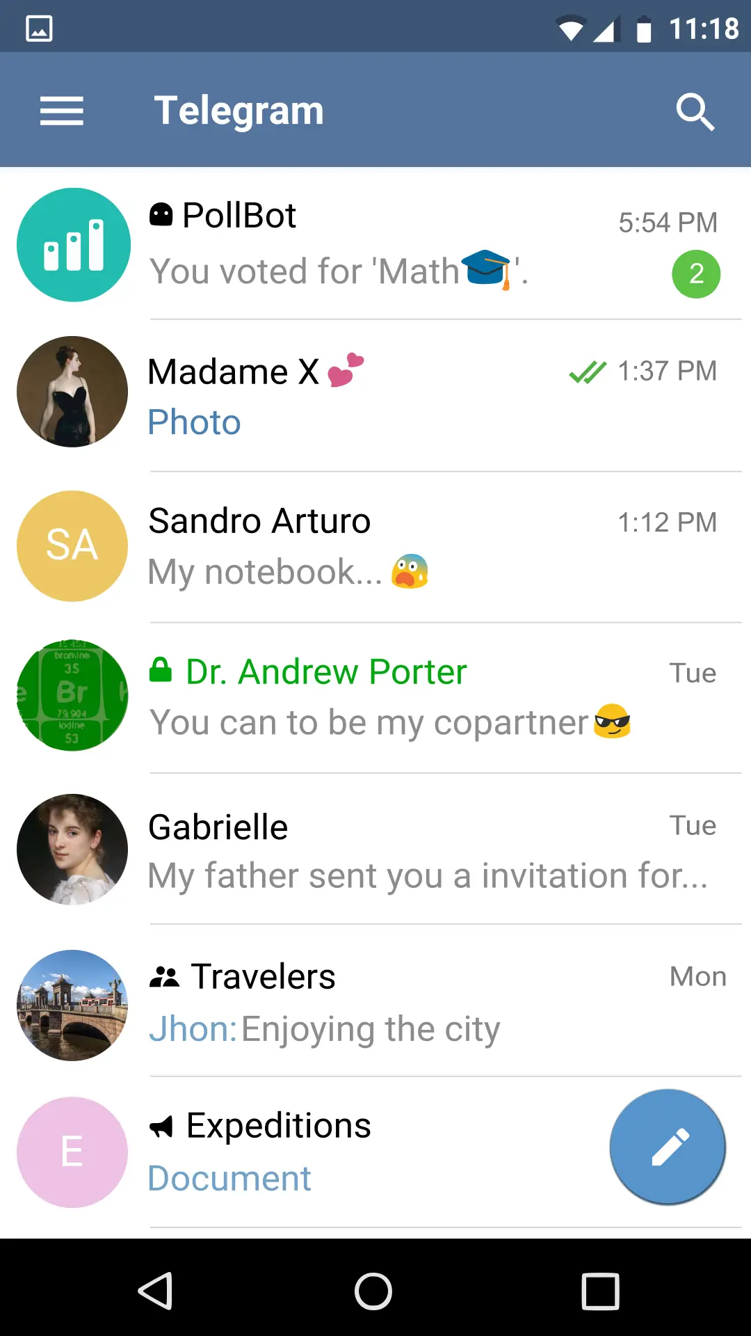 Telegram 安卓版对话列表界面