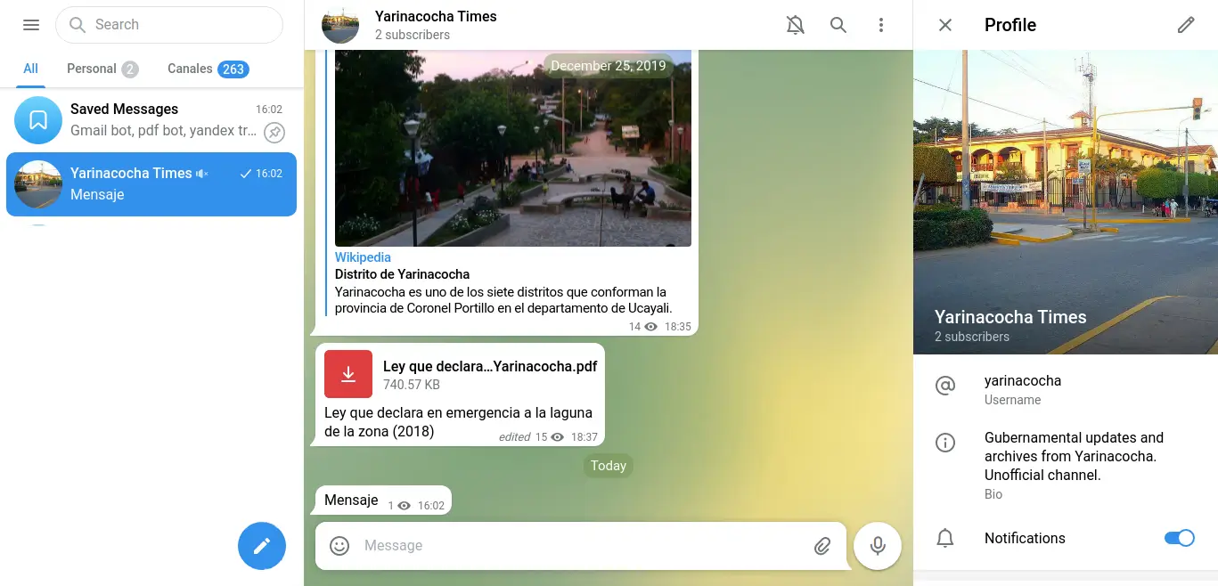 在桌面浏览器中使用 Telegram Web 的界面示例