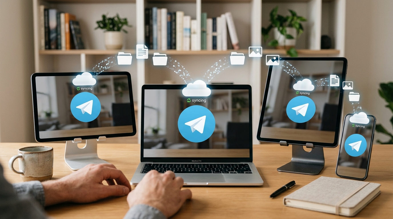 Telegram 云端即时通讯工具多设备同步示意图