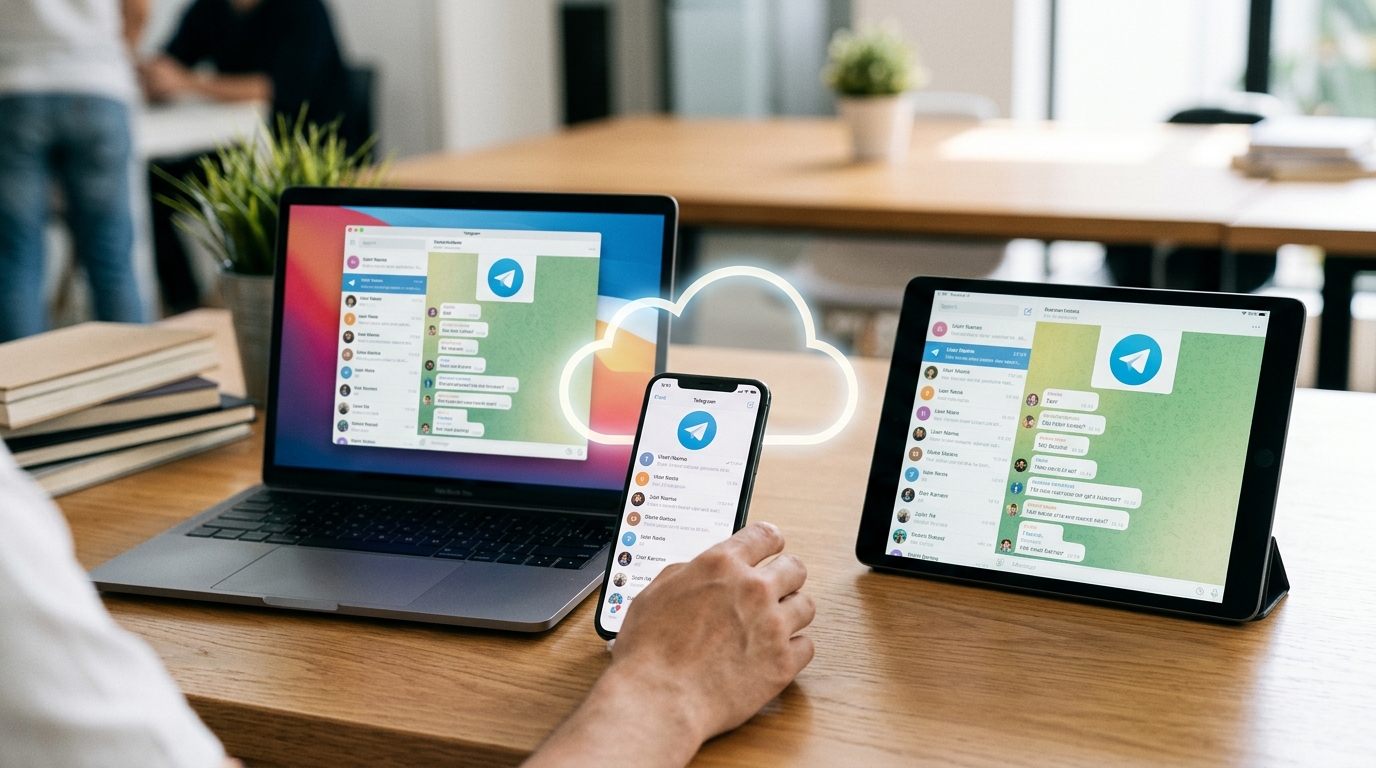 Telegram 云端存储与多设备同步示意图