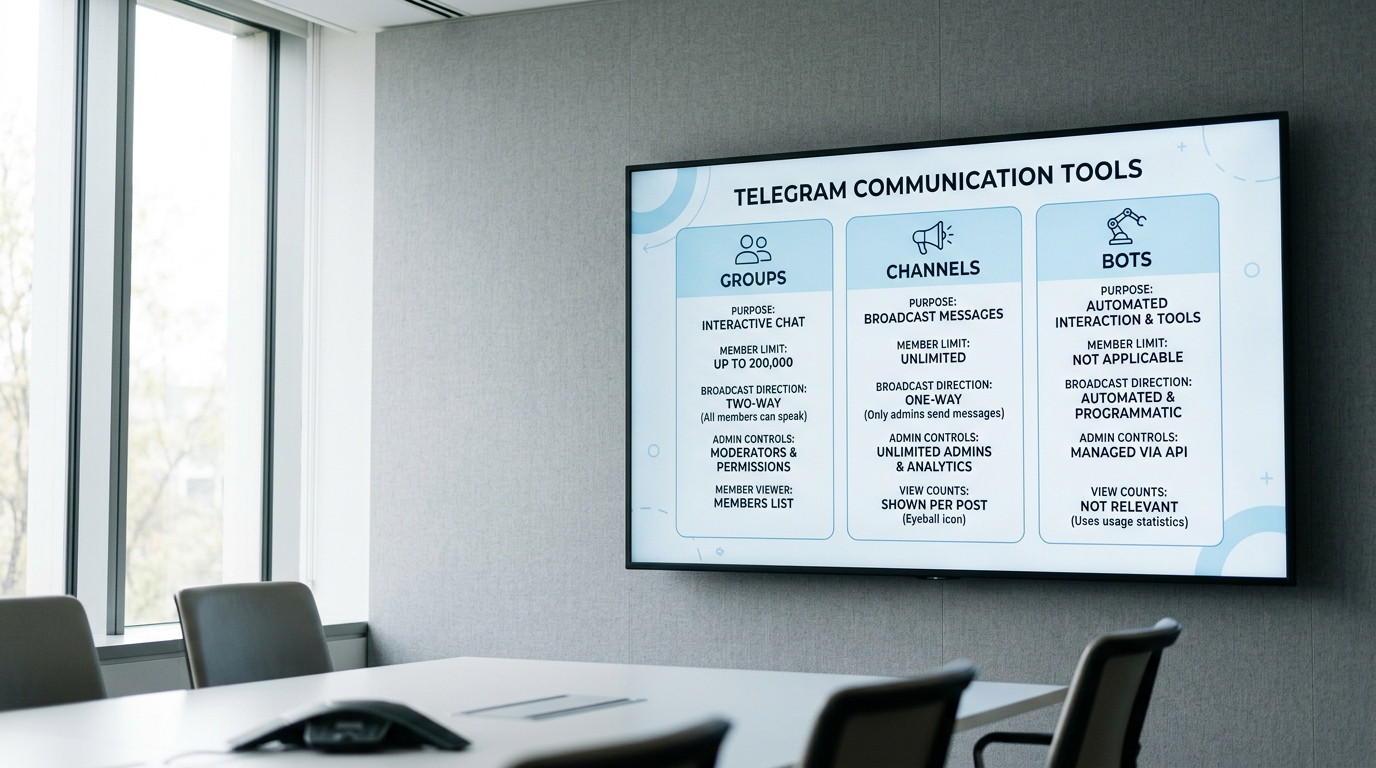 Telegram 频道、群组和机器人功能对比图