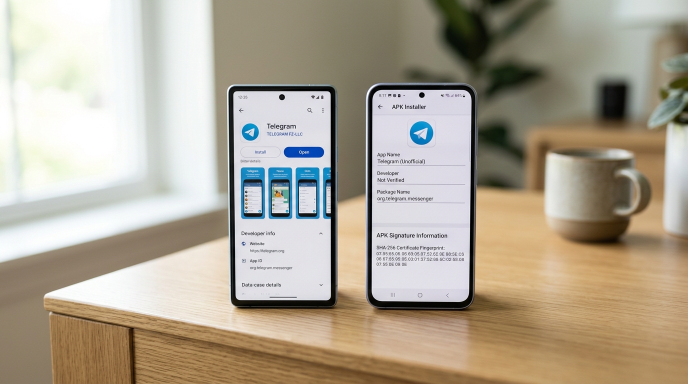 telegram下载官方安装包与假冒APK签名包名对比