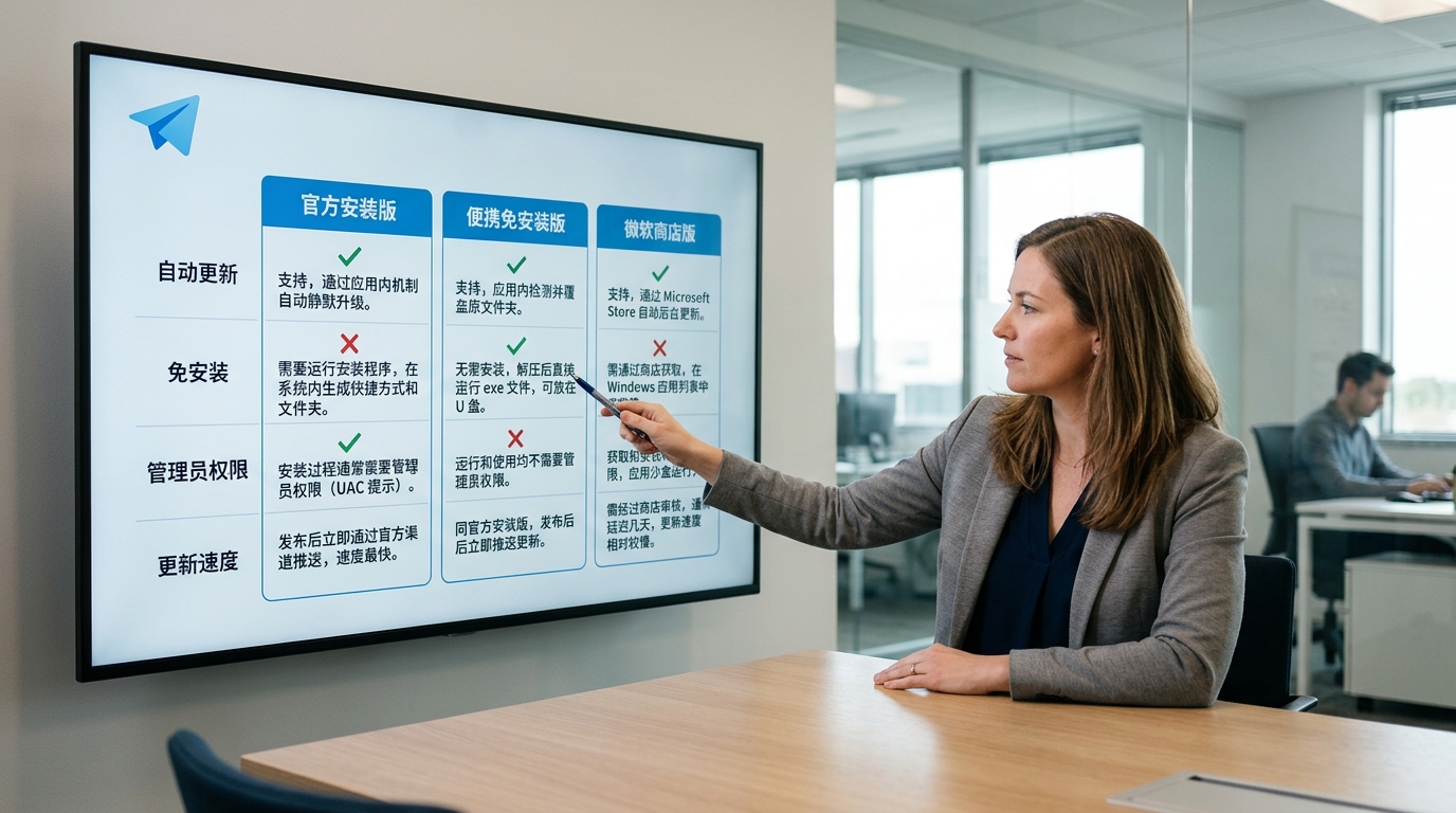 telegram电脑版官方版便携版微软商店版区别对比