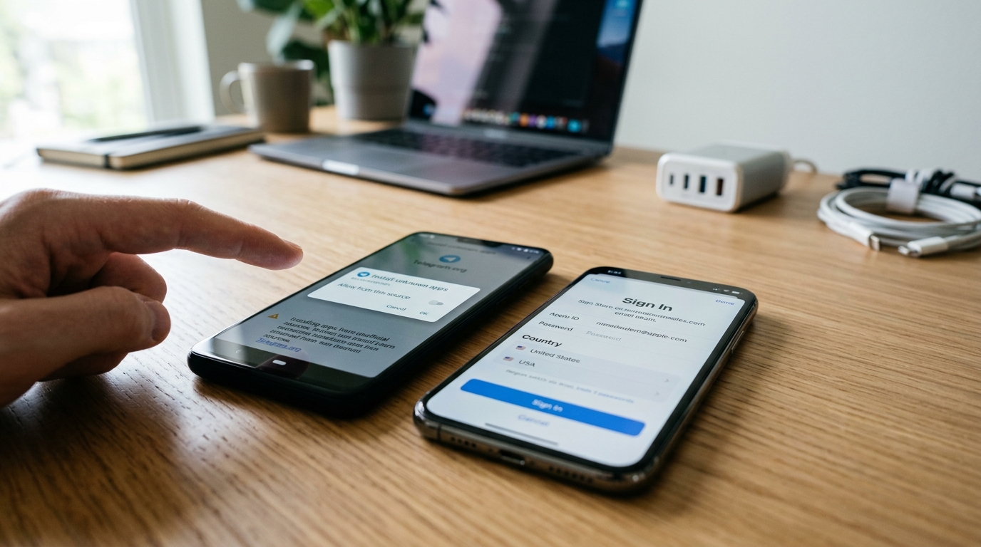 Android 侧载 Telegram APK 与 iOS 切换非中国区 Apple ID 的 telegram下载操作对比