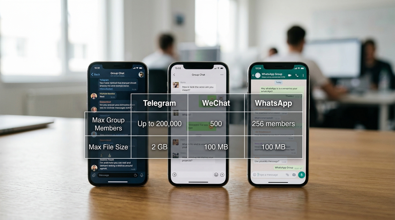 Telegram 与微信 WhatsApp 群成员上限和文件大小对比图