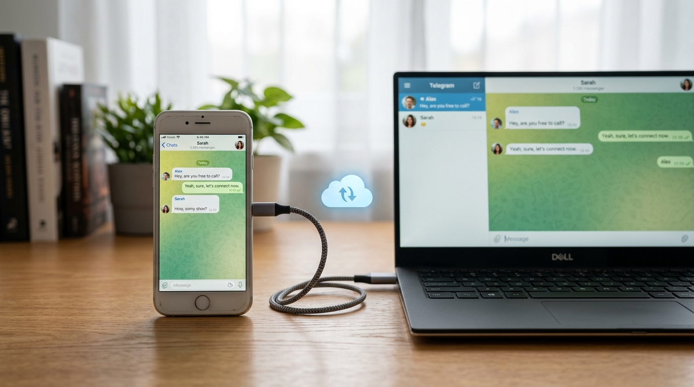 Telegram 消息在手机和电脑间云同步示意图